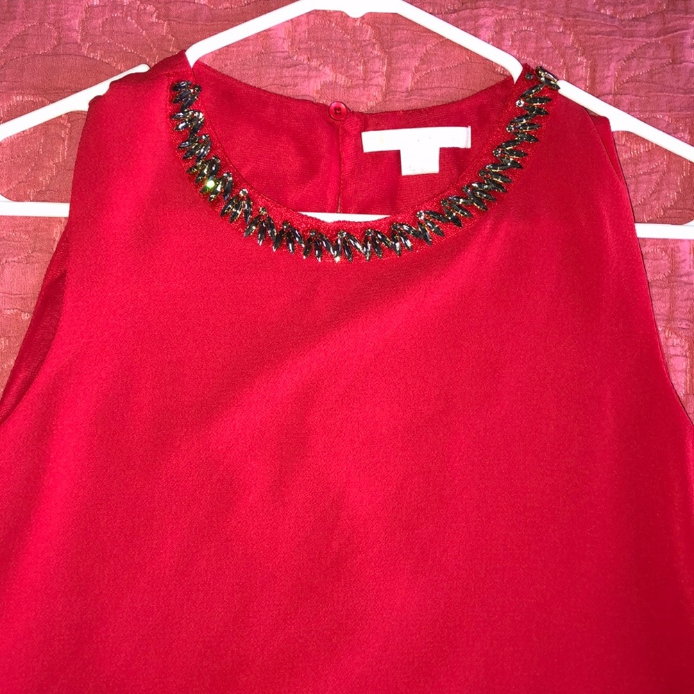 C & E red sleeveless top w/ jeweled neck